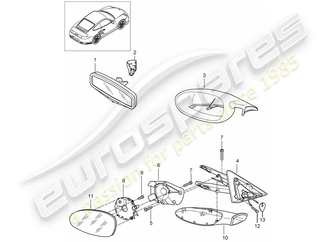 porsche 911 t/gt2rs (2013) rear view mirror inner parts diagram