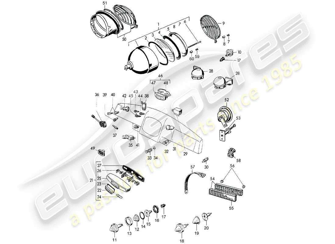 porsche 1955 (356/356a) headlamp - and - switch parts diagram