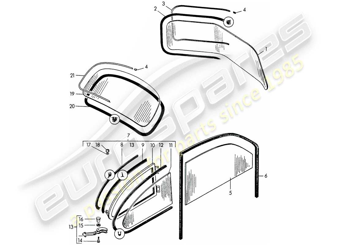 porsche 1955 (356/356a) window glazing parts diagram