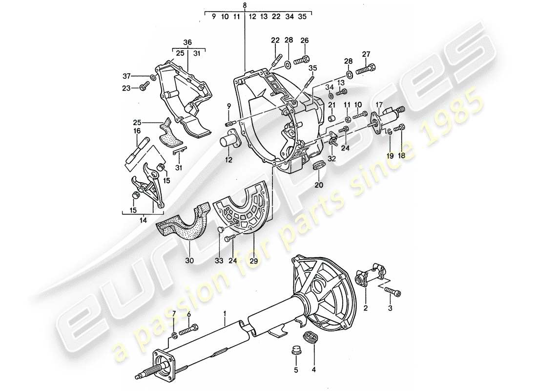 porsche 968 (1995) manual gearbox - central tube part diagram