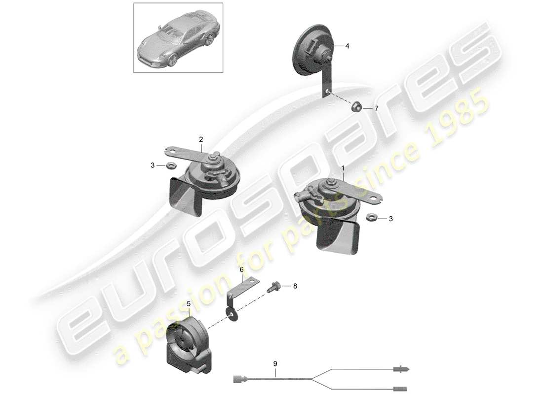 porsche 991 turbo (2014) fanfare horn part diagram