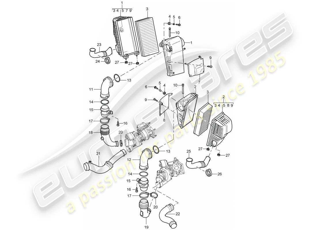 porsche cayenne (2004) air cleaner with connecting part diagram