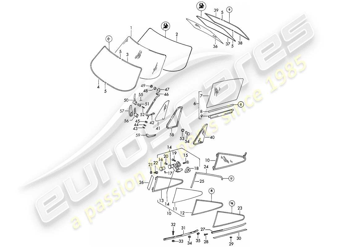 porsche 1965 (911/912) window glazing - d >> - mj 1968 part diagram