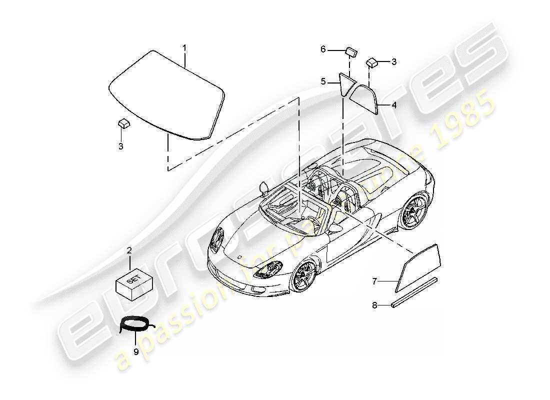 porsche 2004 (carrera gt) window glazing part diagram