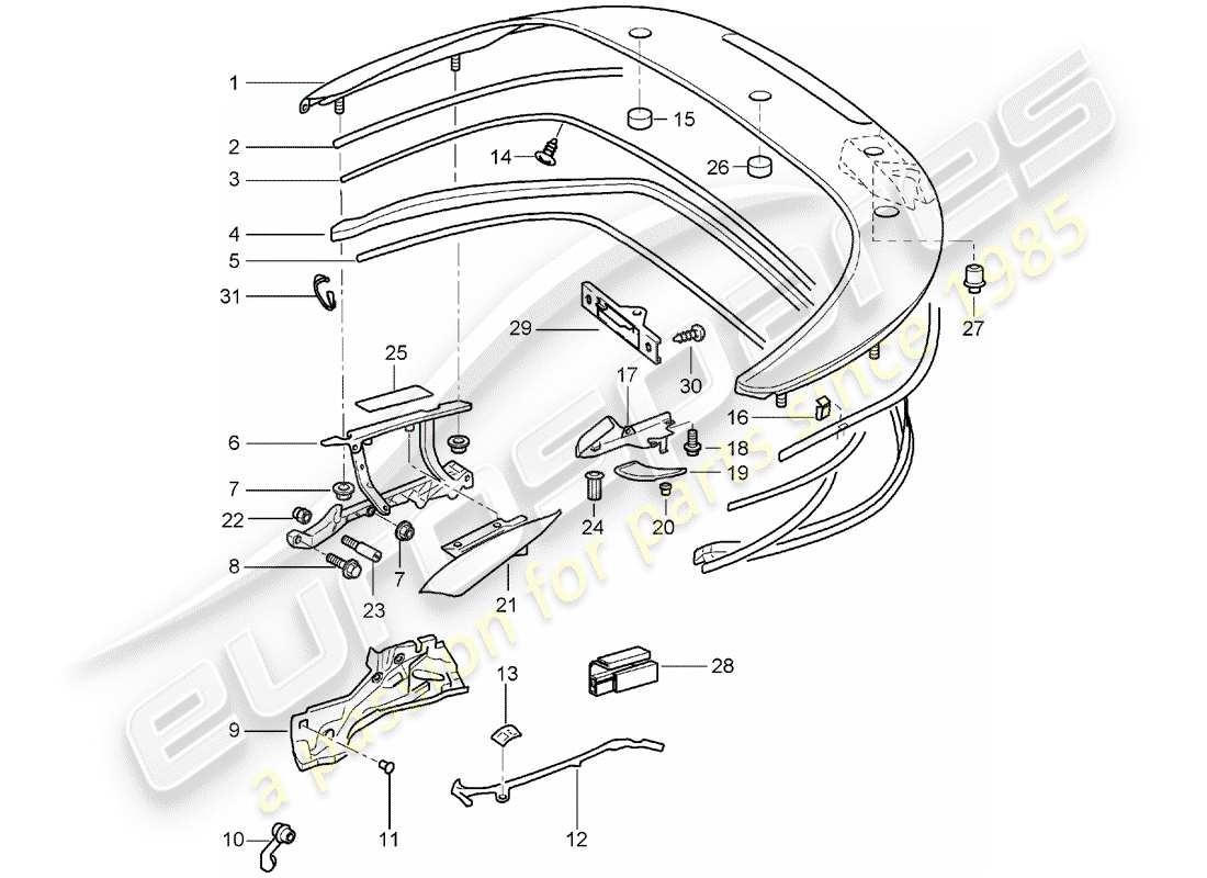 porsche 2004 (996) top stowage box - cover - gaskets parts diagram