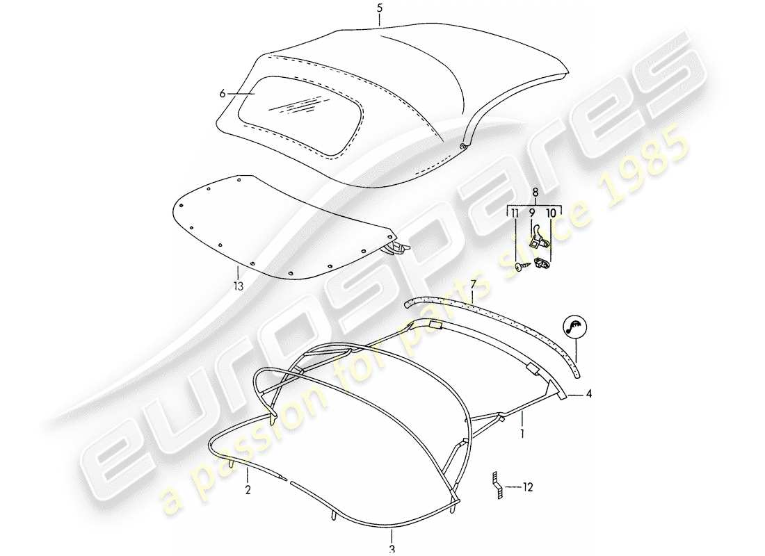 porsche 1955 (356/356a) convertible top - convertible top covering parts diagram