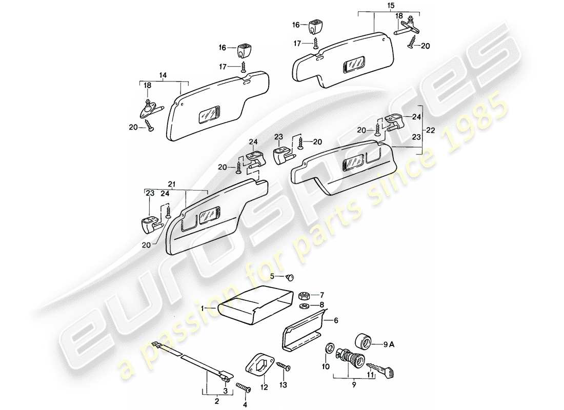 porsche 1985 (911) glove box - sun vizors part diagram