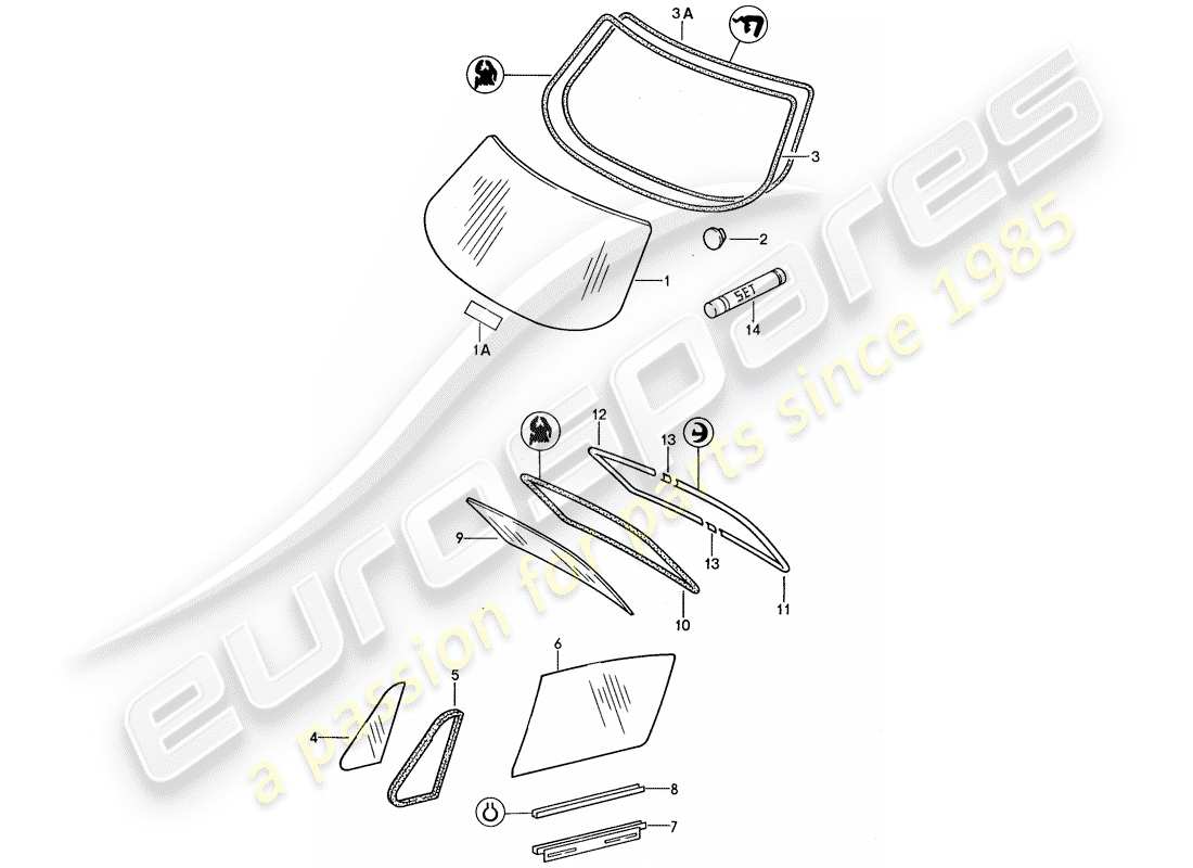 porsche 1988 (959) window glazing parts diagram