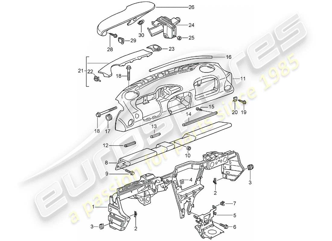 porsche 2001 (996 turbo / gt2) dash panel trim - with: - retaining frame part diagram