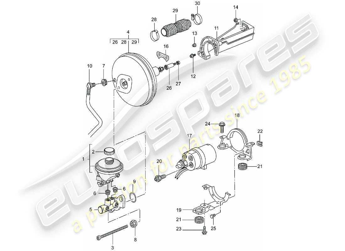 porsche 2001 (996 turbo / gt2) brake master cylinder - brake booster - clutch pump part diagram