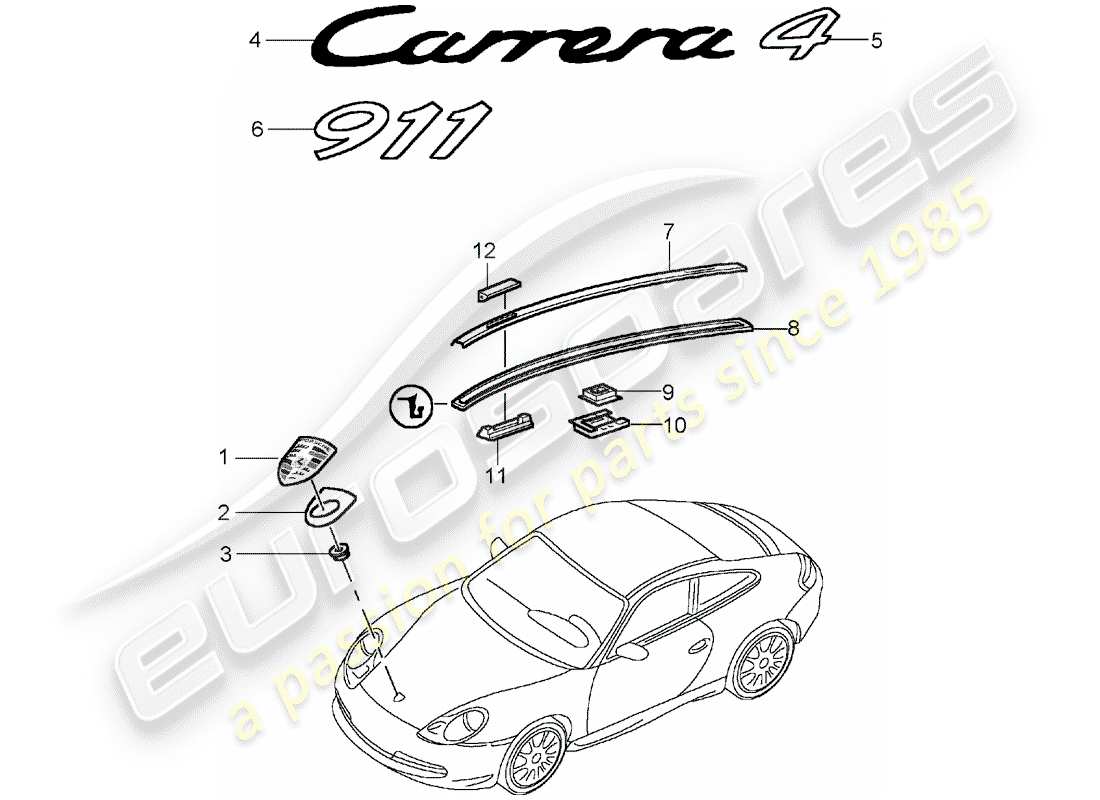 porsche 2005 (996) nameplates - moldings parts diagram