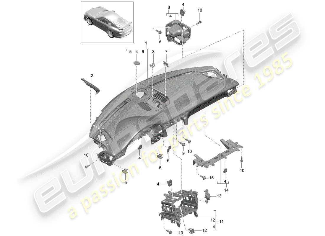 porsche 2014 (991-1 r/gt3/rs) dash panel trim part diagram