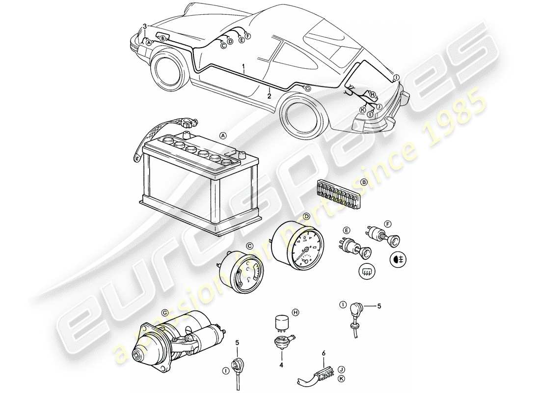 porsche 911 (1985) wiring harnesses - passenger compartment - battery starter cable - luggage compartment floor part diagram