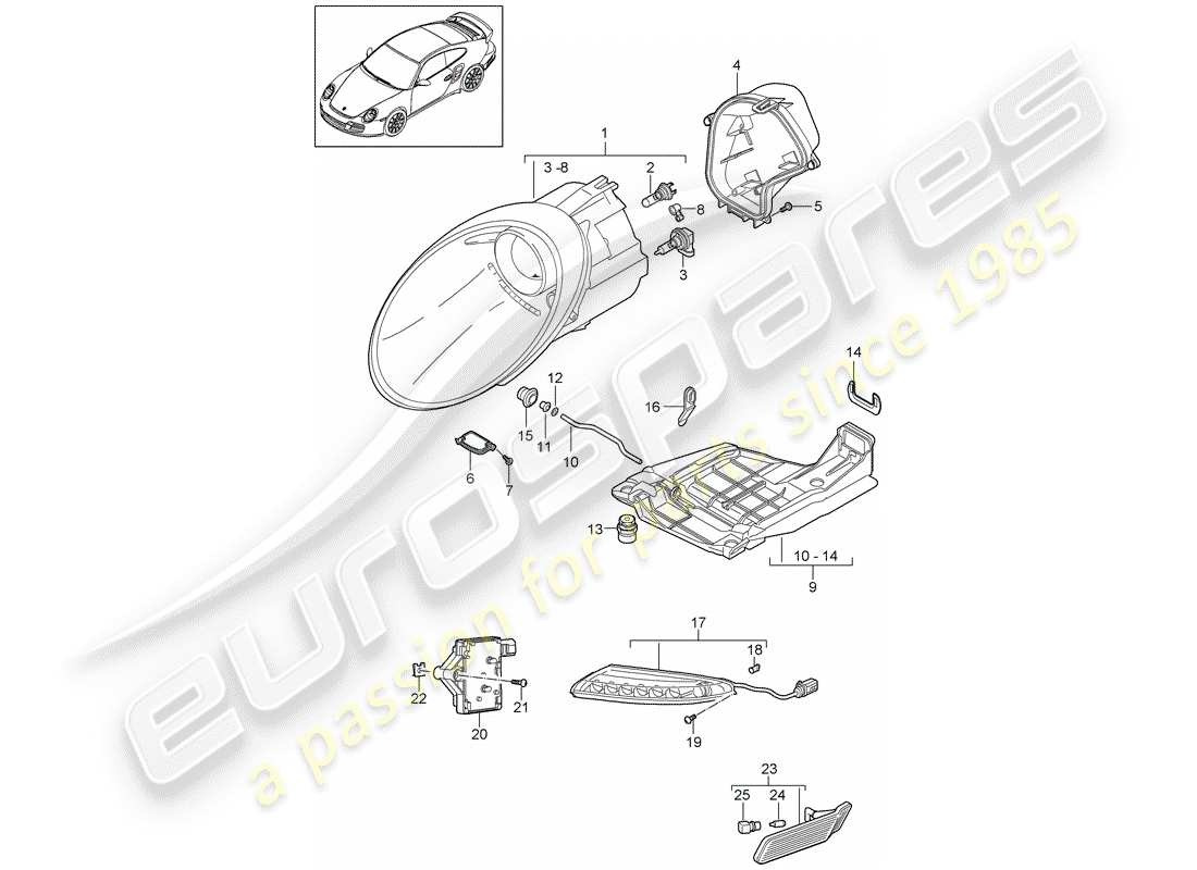 porsche 911 t/gt2rs (2011) headlamp parts diagram