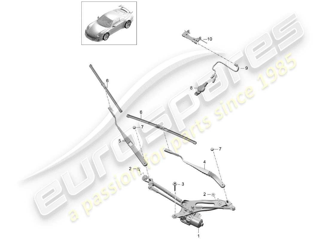 porsche 2014 (991-1 r/gt3/rs) windshield wiper system compl. part diagram