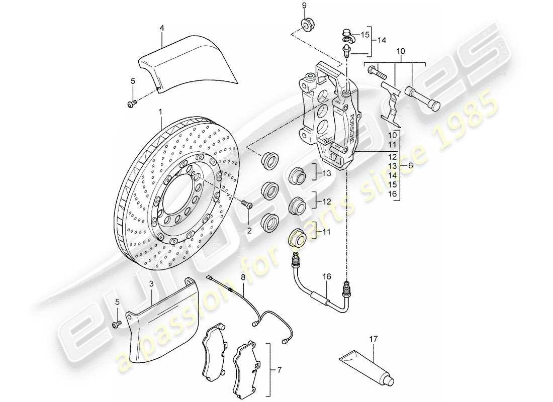 porsche carrera gt (2005) disc brakes - front axle part diagram