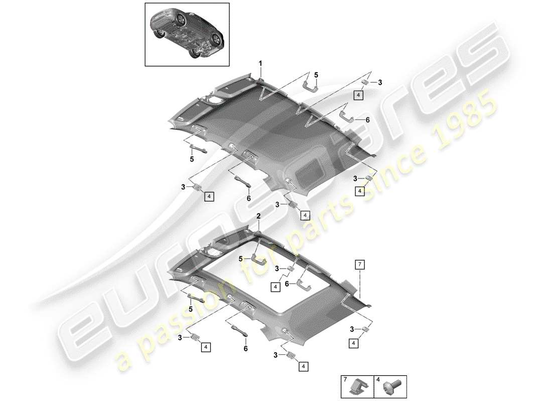 porsche 2020 (cayenne e3 9ya/9yb) roof trim panel part diagram