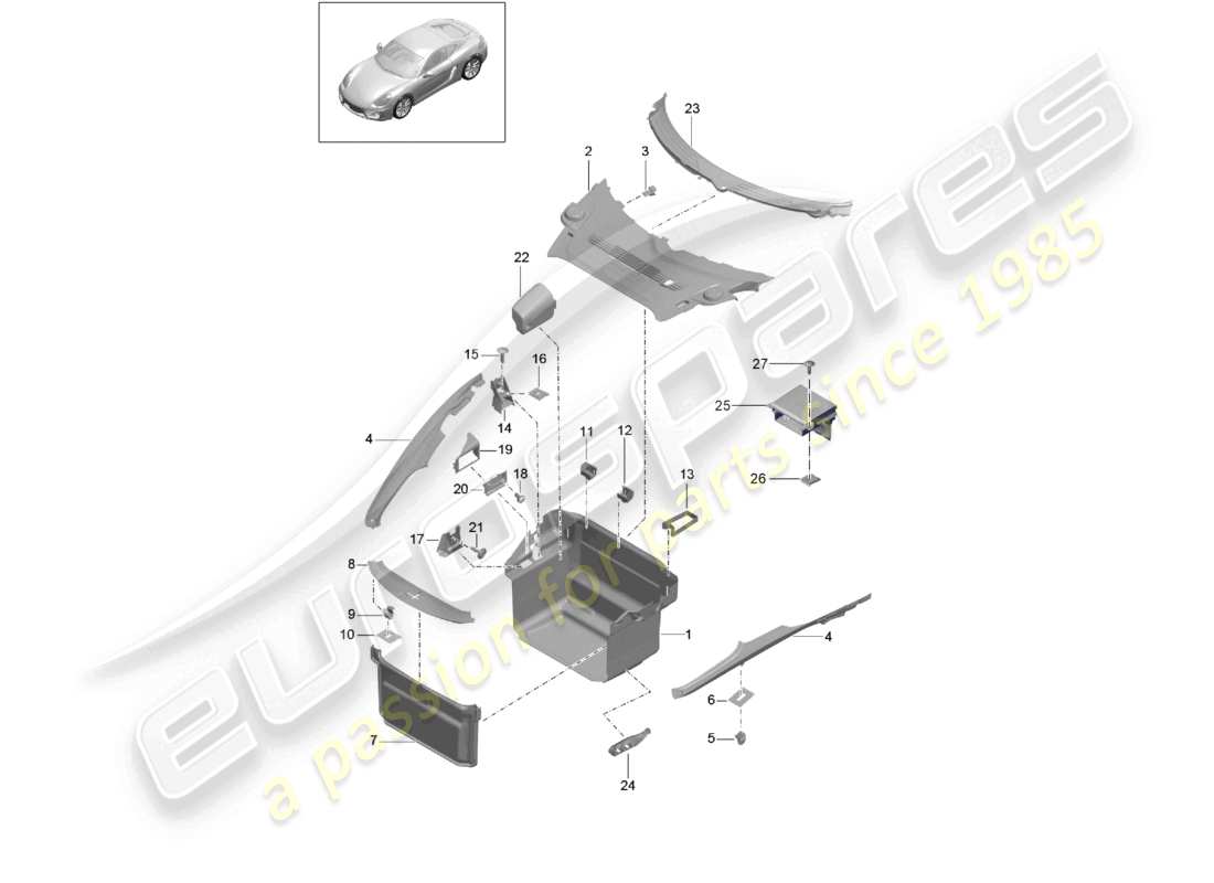 porsche 2016 (981 cayman) luggage boot trims front part diagram