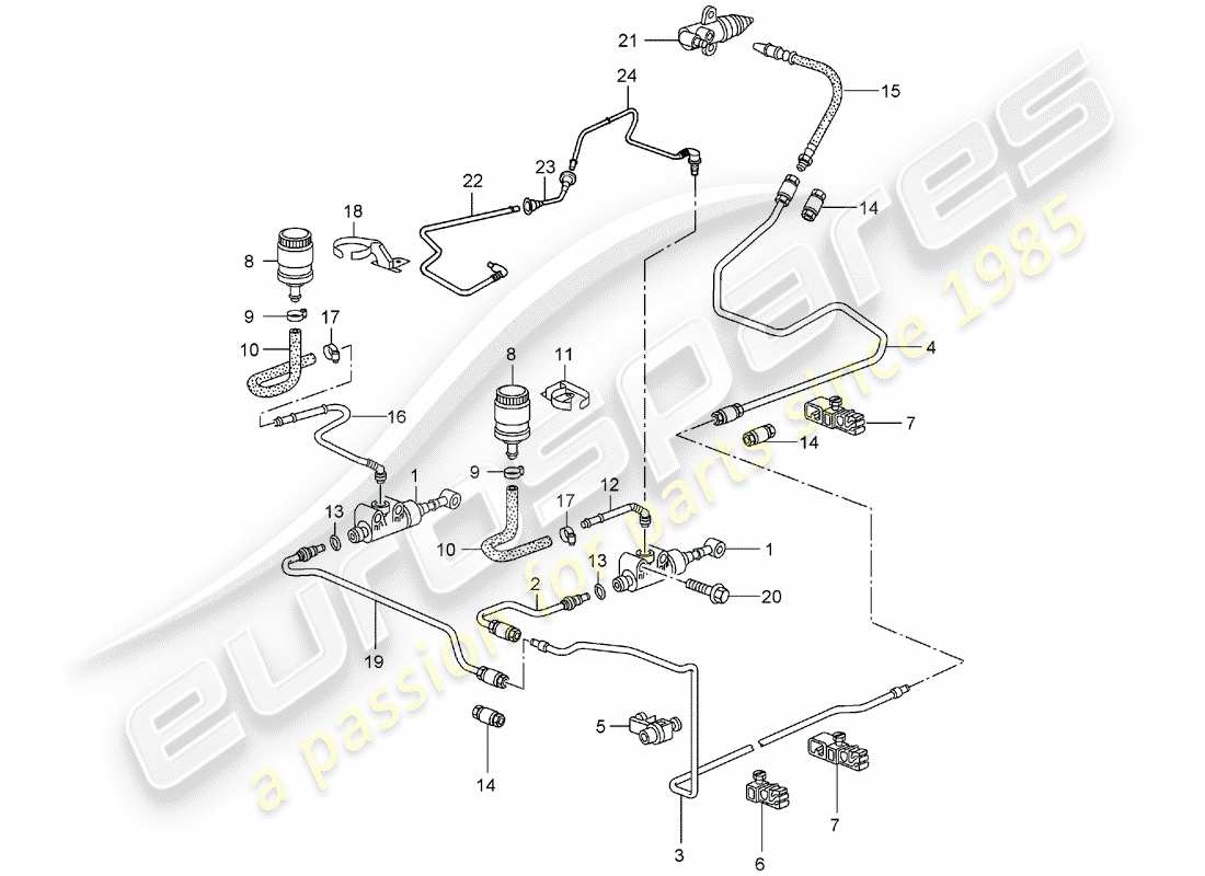 porsche 2003 (996 turbo / gt2) hydraulic clutch - operation - clutch master cylinder - hydraulic clutch pipe part diagram