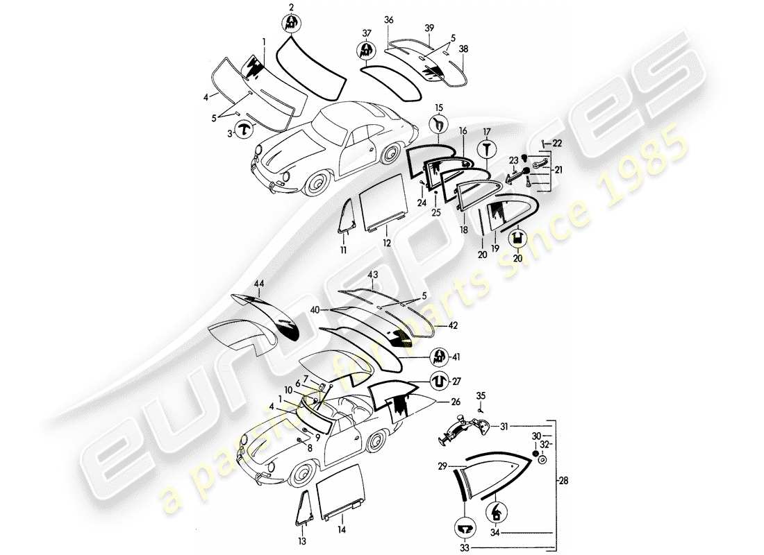 porsche 1961 (356b/356c) window glazing parts diagram