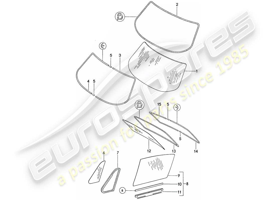 porsche 1974 (911) window glazing part diagram