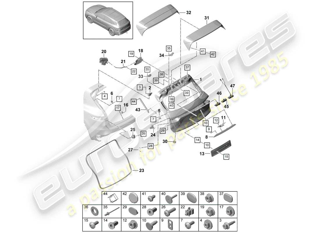 porsche 2020 (cayenne e3 9ya/9yb) rear trunk lid part diagram