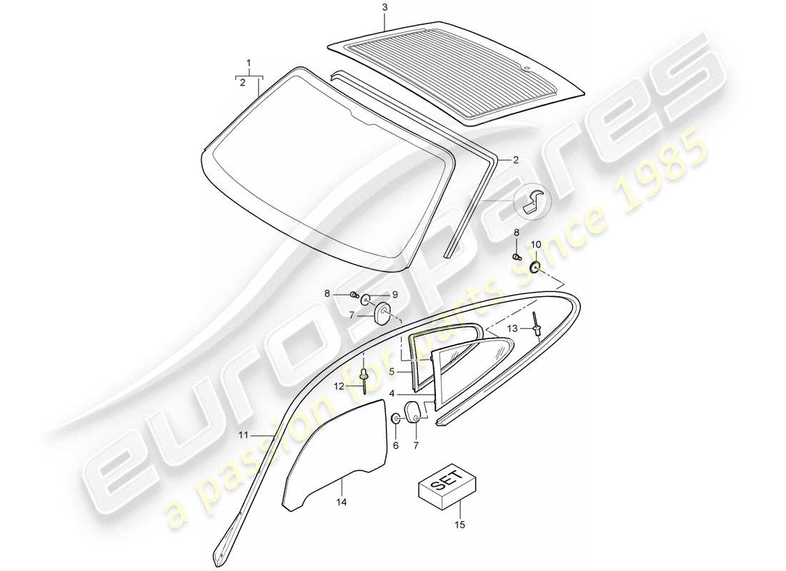 porsche 2007 (997-1 gt3) window glazing part diagram