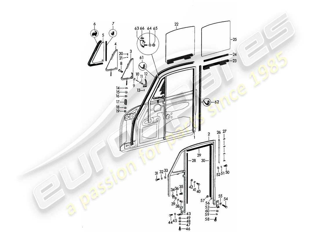 porsche 1964 (356b/356c) window frame - side window - door window part diagram