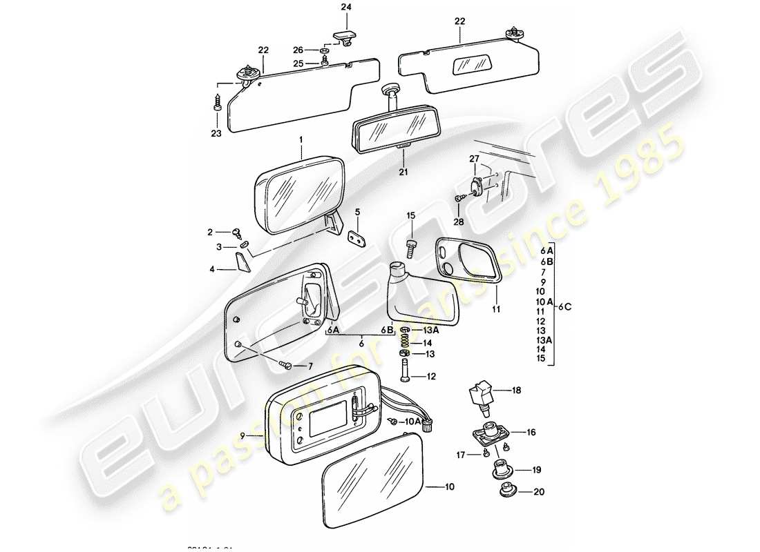 porsche 1979 (924) rear view mirror - rear view mirror inner - sun vizor part diagram