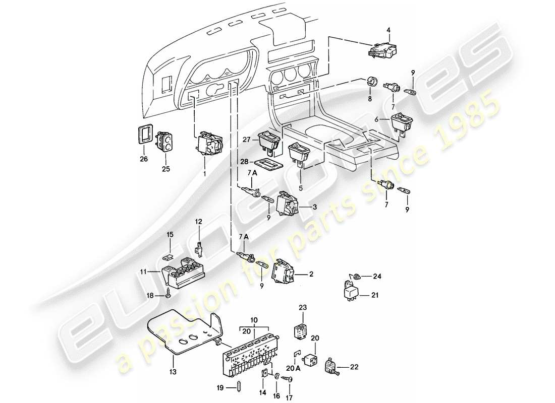porsche 1982 (944) switch - fuse box - relay parts diagram
