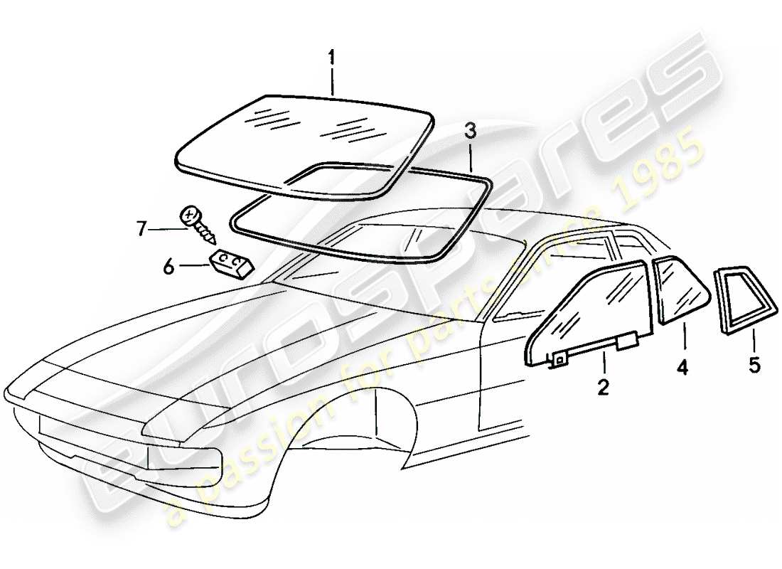 porsche 1987 (924s) window glazing part diagram