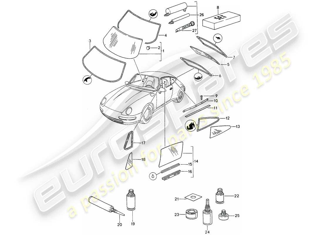 porsche 1997 (993) window glazing part diagram