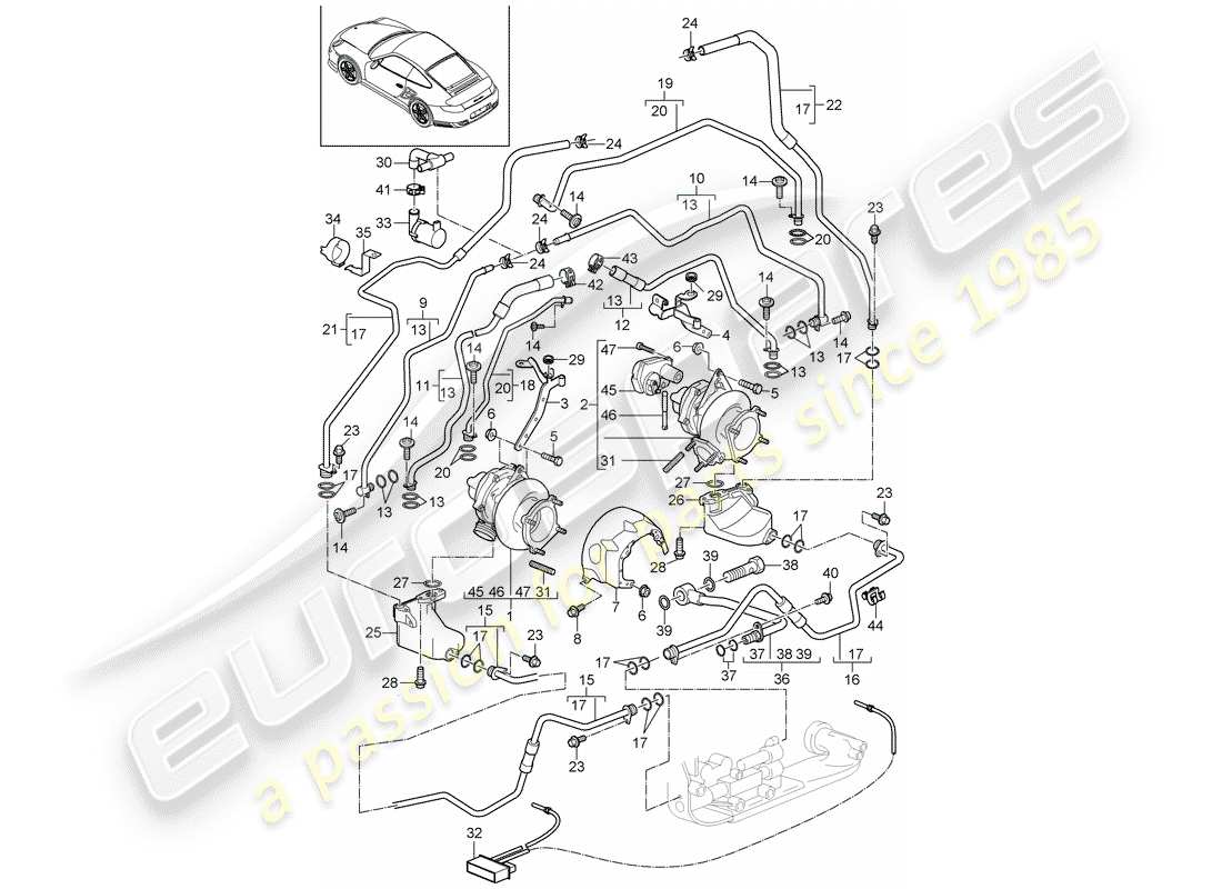 porsche 2013 (997-2 turbo / gt2 rs) exhaust gas turbocharger parts diagram