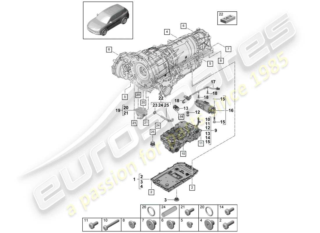porsche 2020 (cayenne e3 9ya/9yb) 8-speed automatic gearbox part diagram
