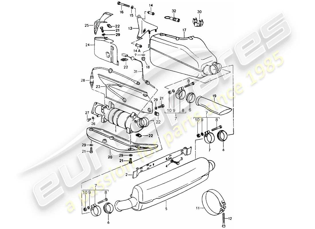 porsche 1994 (964) exhaust system - muffler - exhaust - catalyst part diagram
