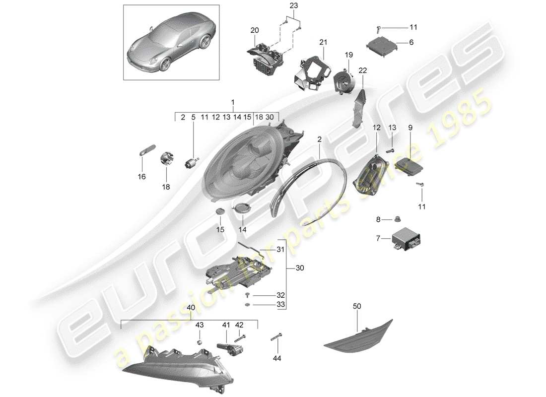 porsche 2014 (991-1) headlamp part diagram