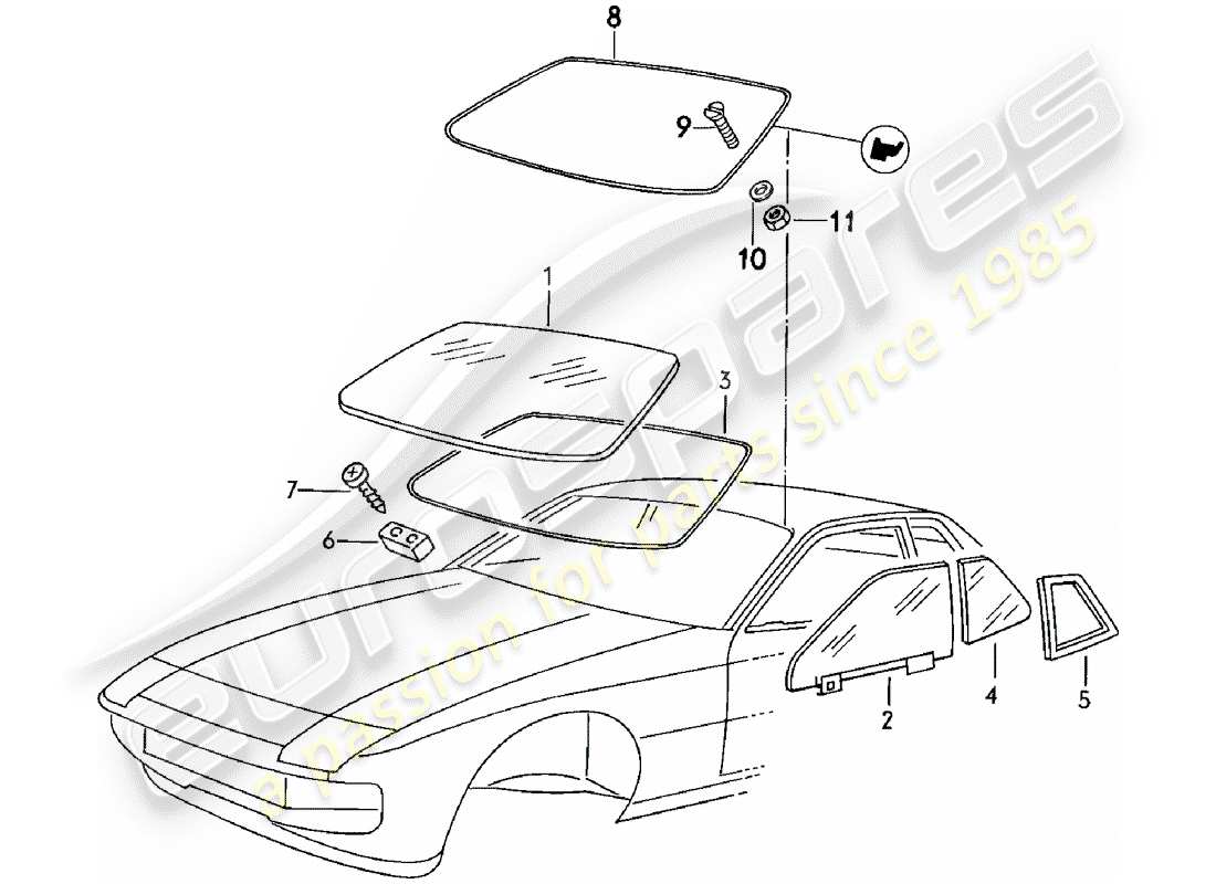 porsche 1982 (924) window glazing part diagram