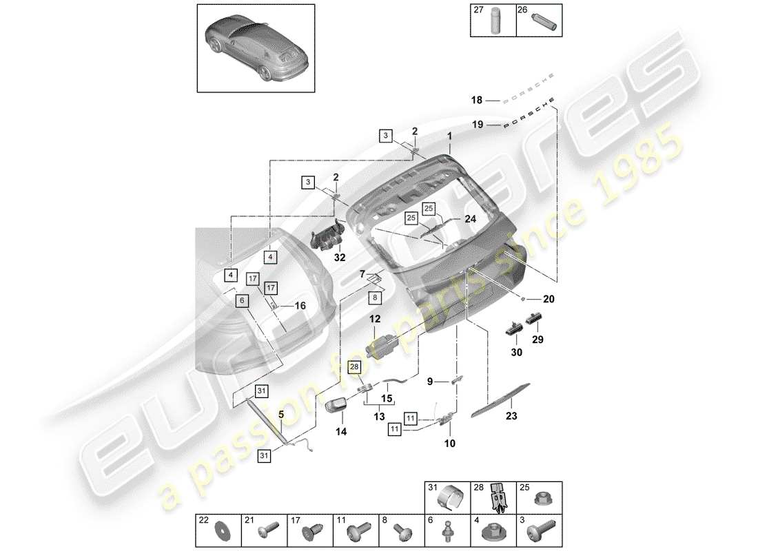 porsche panamera 971 (2018) rear trunk lid parts diagram