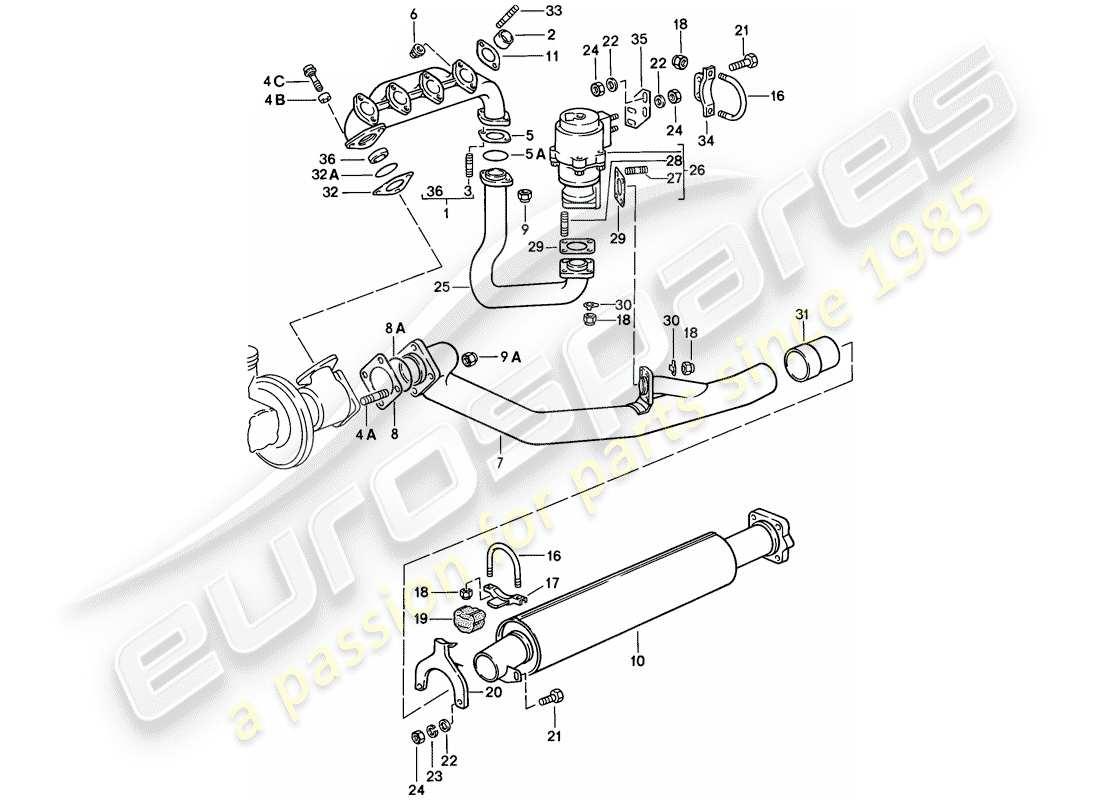 porsche 1979 (924) exhaust system - exhaust silencer, front parts diagram