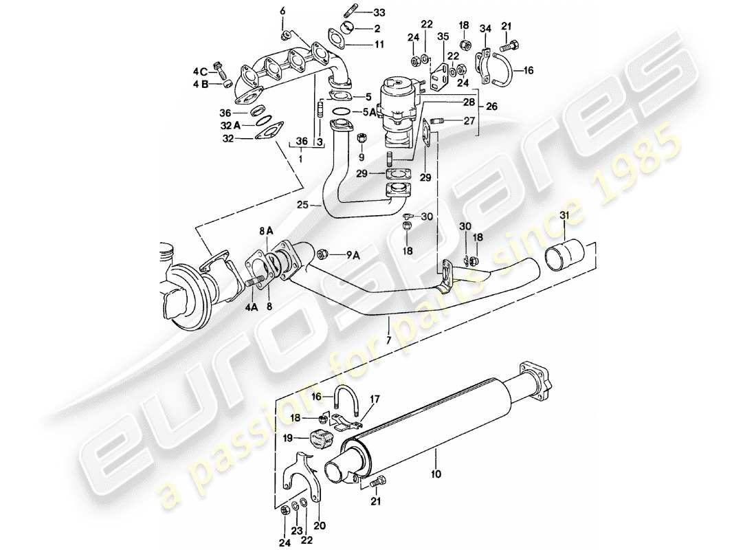 porsche 1981 (924) exhaust system - exhaust silencer, front part diagram