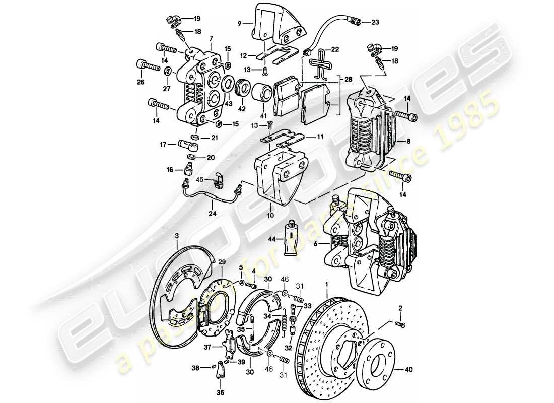 porsche 911 (1984) disc brakes - rear axle parts diagram