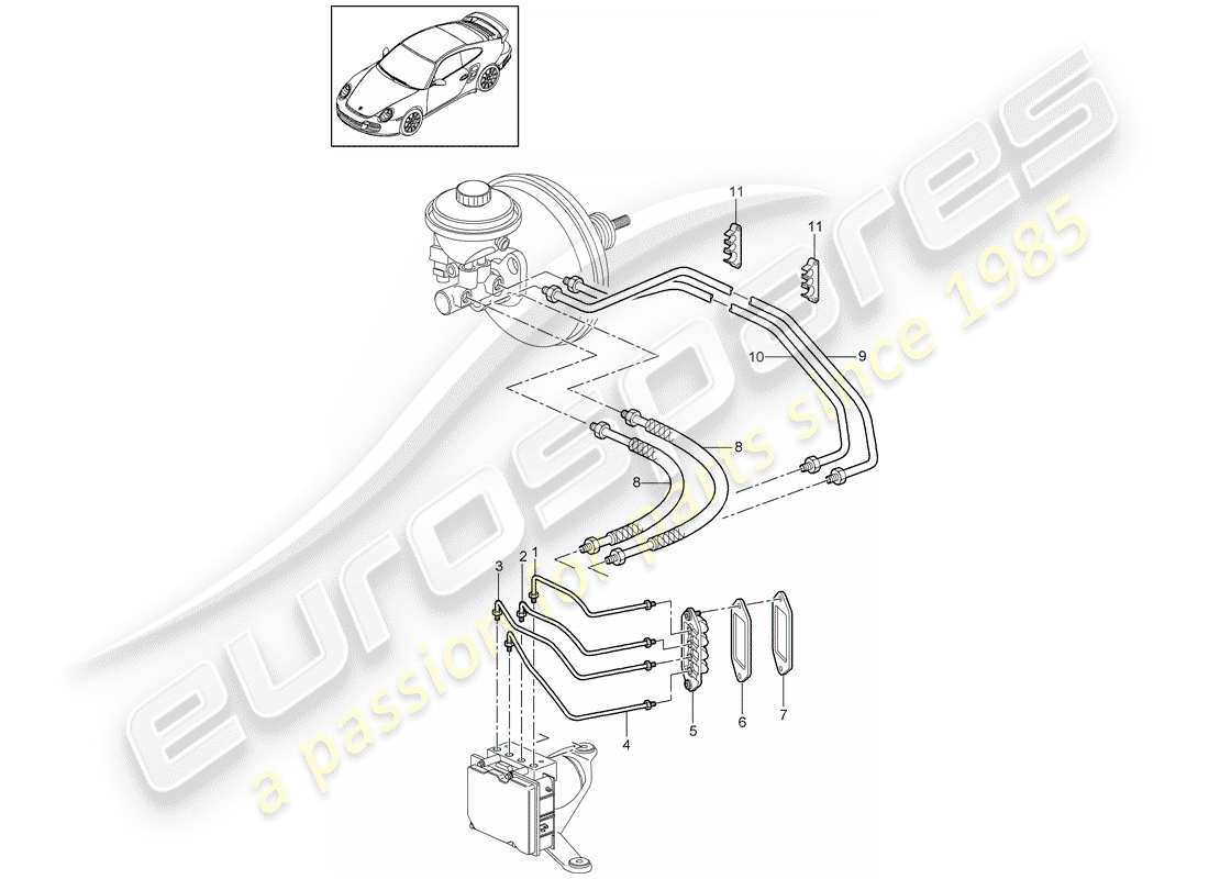 porsche 911 t/gt2rs (2013) brake lines parts diagram