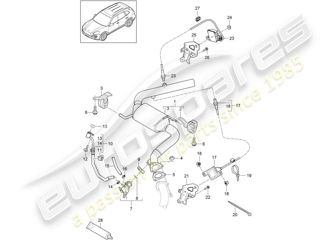 porsche 2013 (cayenne e2 92a) exhaust system catalytic converter injector for reduction agent nox sensor 2 particle sensor part diagram