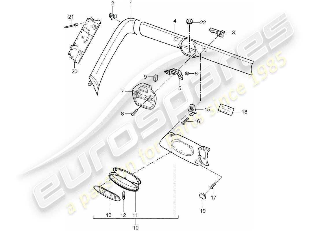 porsche 2002 (996 turbo / gt2) windshield frame - sun vizors parts diagram