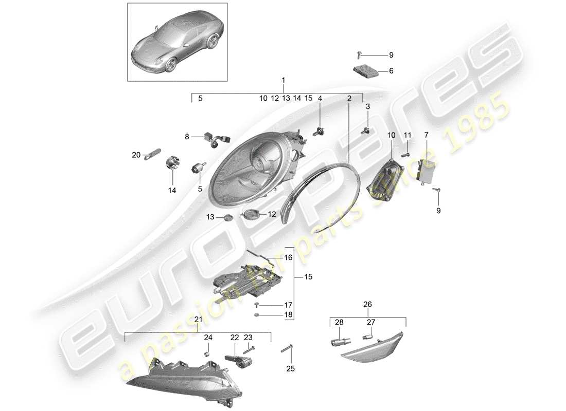 porsche 991 (2015) headlamp part diagram