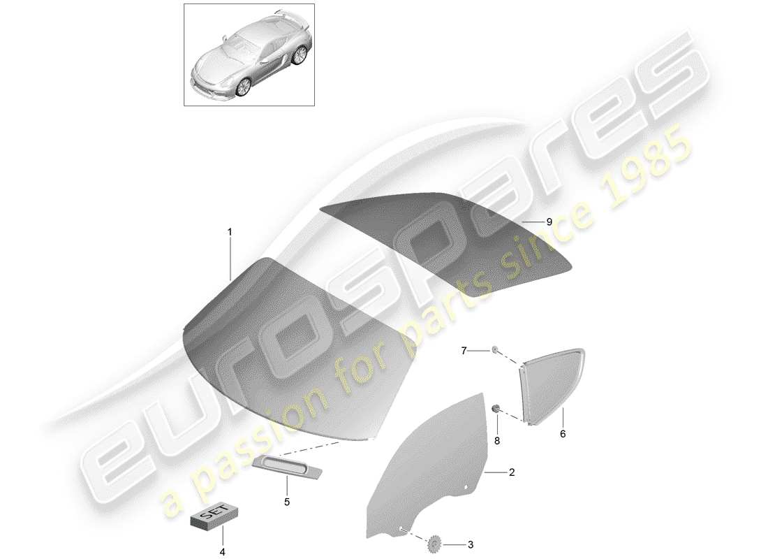 porsche 2016 (981 cayman gt4) window glazing part diagram