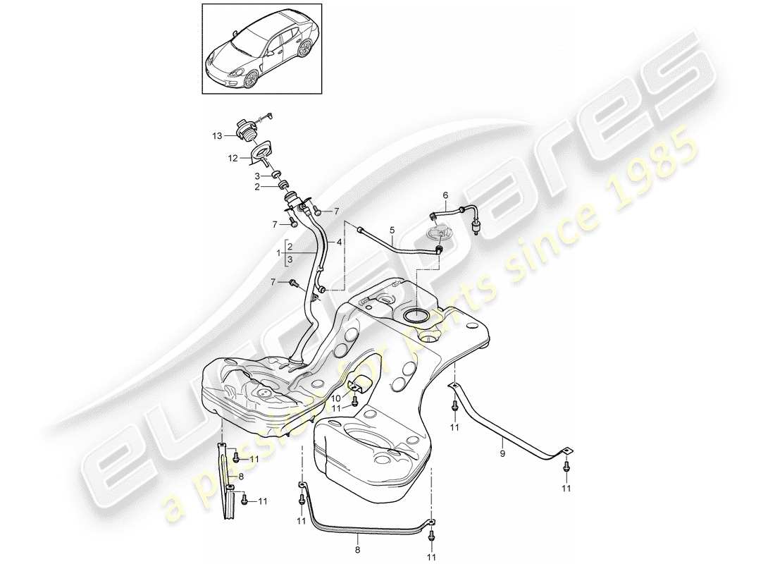 porsche 2013 (panamera 970) fuel tank with parts diagram