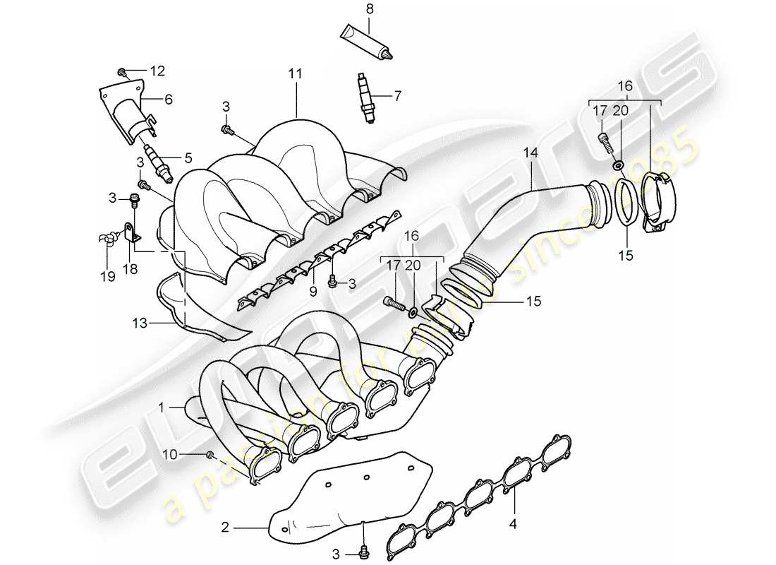 porsche carrera gt (2005) exhaust system - exhaust manifold - catalyst - cyl. 1 - 5 part diagram