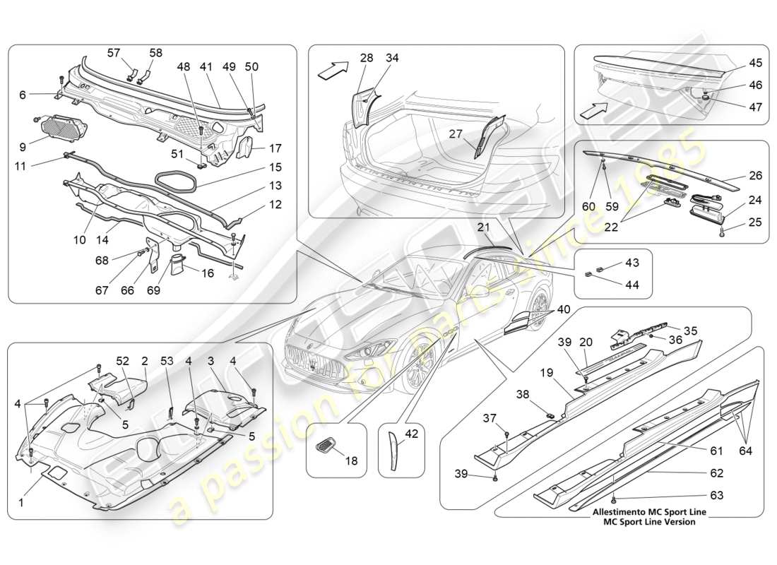 maserati granturismo s (2020) shields, trims and covering panels part diagram