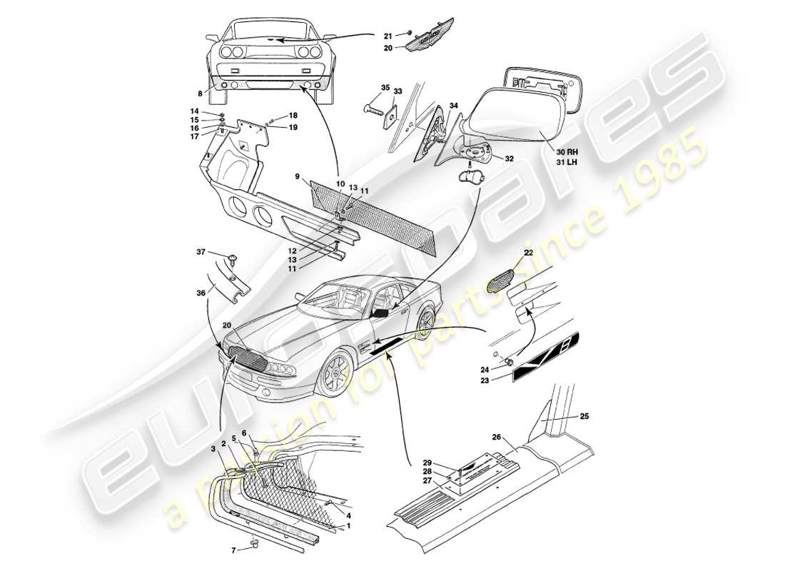 aston martin v8 coupe (1999) body fittings parts diagram